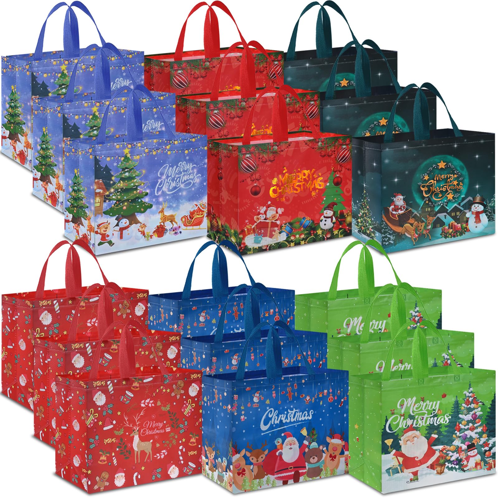 AhfuLife Extra Large Christmas Bags for Gift, 18pcs Xmas Tote Gift Bags with Handles, Reusable Multipack Non-woven Christmas Treat Shopping Bags, Xmas Party Favor Bags Decorations, 40 x 36 x 15cm