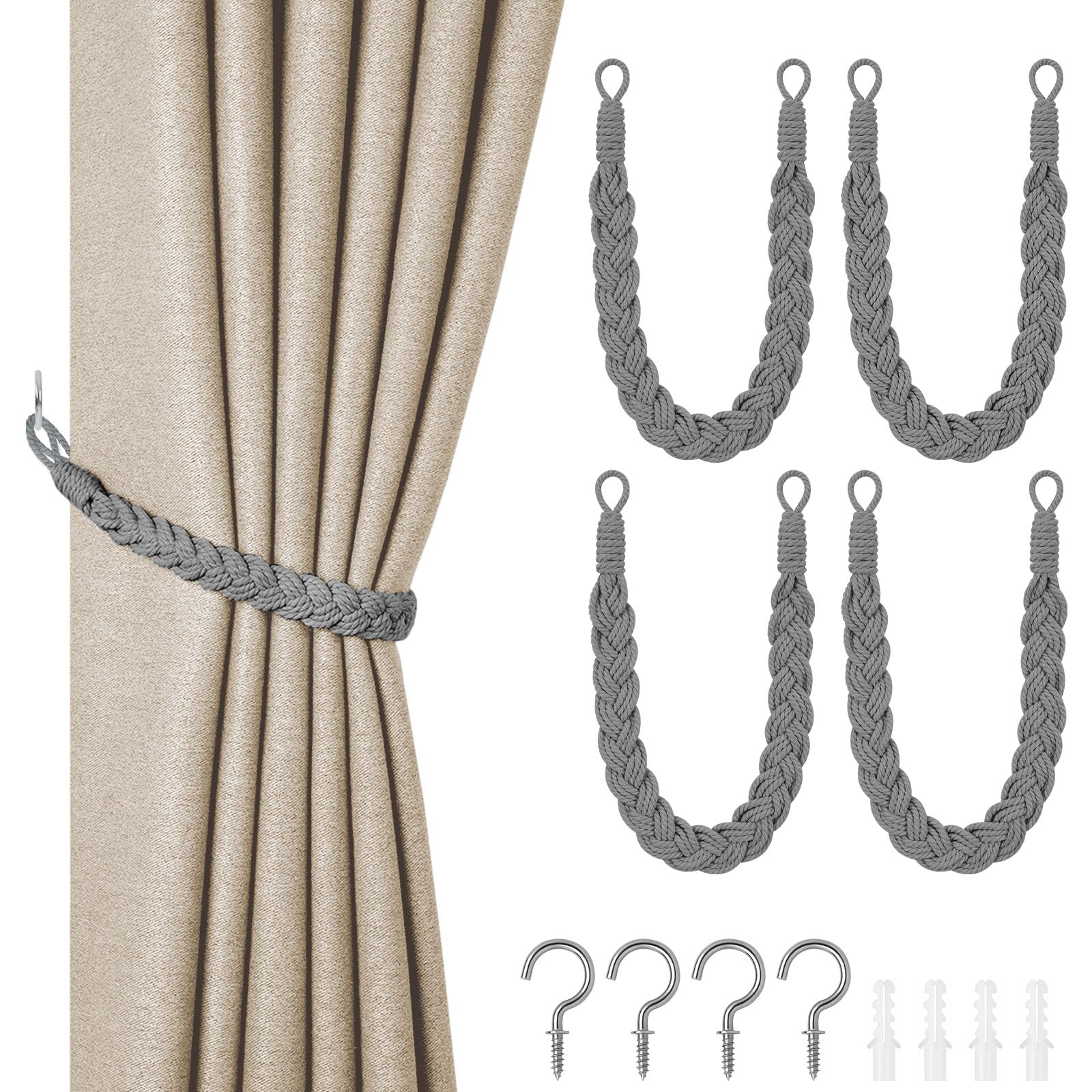 HOTUT Natural Cotton Rope Curtain Tiebacks, 4 Pack Hand Knitting Curtains Tied Rope, Elegant Boho Style Decorative Drape Tie Soft Rope Curtain Holdbacks with Metal Hook for Home & Office, Grey