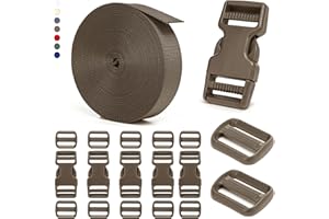 BEYOURD Buckle and Strap Set, 10 Yards Polyester Webbing Strap with 6 Dual Adjustable Side Release Plastic Buckles, 12 Pcs Tri-Glide Slider Clips for Tactical Gear (Everyday Series 1 Inch, Coyote Tan)