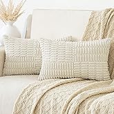 Softalker Lumbar Pillow Covers 12x20 Inch, Beige Pack of 2 Fluffy Corduroy Boho Outdoor Striped Textured Pillow Covers Modern Decorative White Pillow Case for Chair Swing Bed Room Couch, Cream