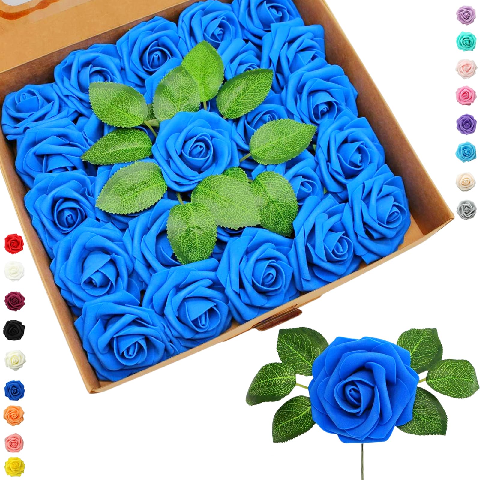 25pcs Faux Blue Roses, Real Touch Foam Artificial Flowers with Stem for Wedding Decor, Bridal Shower, Crafts, Home, Baby Shower, Valentines Day Decorations