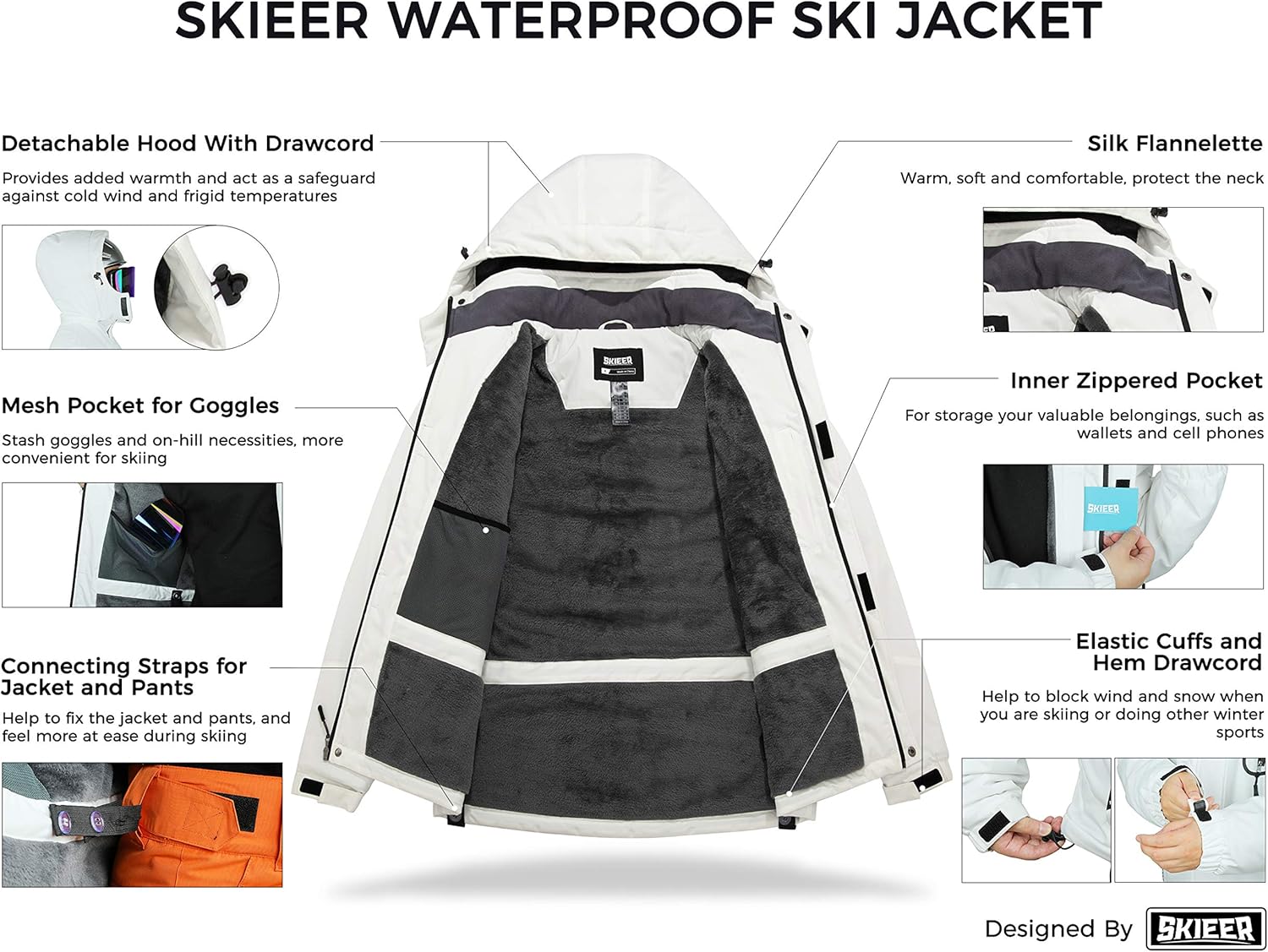 Skieer Men's Mountain Waterproof Ski Jacket Winter Rain Jacket Warm Fleece Snow Coat: Clothing