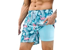 KBVOT Mens Swim Trunks with Compression Liner Bathing Suits 2 Pack Quick Dry Stretch Beach Shorts 7 inch Inseam Swimwear