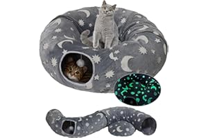 WYZJL Cat Tunnel Bed for Indoor Cats with Washable Cushion Cat Cave Donut Tunnel with Fluffy Ball Big Round Tube Pet Playground Toys Soft Plush Peekaboo for Kitten, Cat, Puppy, Rabbit, Ferret（Moon Star）