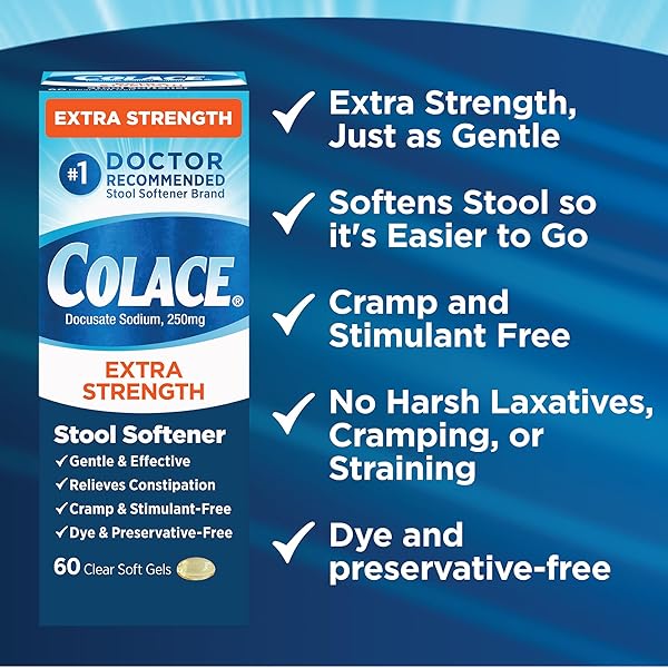 COLACE EXTRA STRENGTH STOOL SOFTENER, 60 COUNT, GENTLE CONSTIPATION RELIEF FOR ADULTS, 250 MG DOCUSATE CAPSULES, #1 DOCTOR RECOMMENDED STOOL SOFTENER BRAND