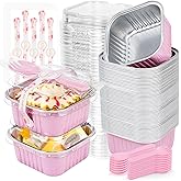 50Pcs Square Mini Cake Pans with Lids, ZOXILEN 5oz150ml Mini Loaf pans with Lids Spoons Aluminum Foil，Disposable Small Baking Cups Tins Muffin Pan Cheesecake Containers for Party Pink