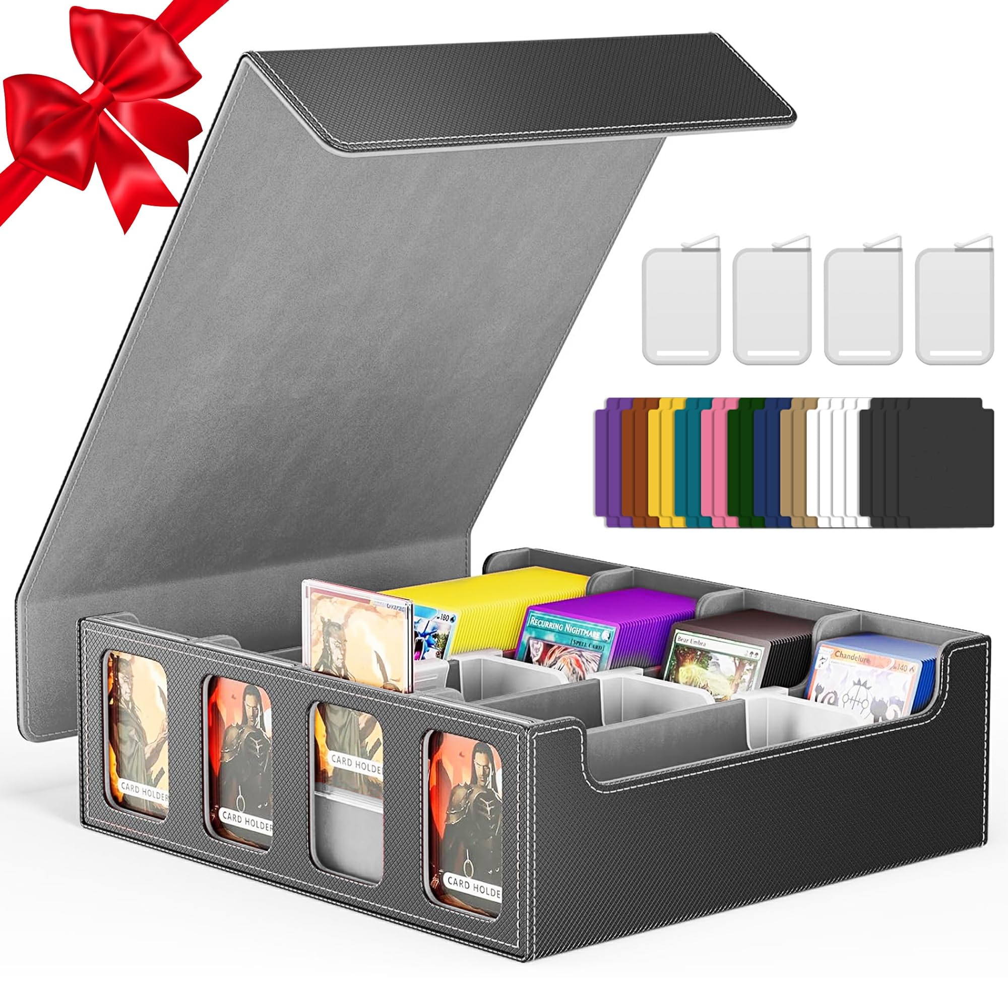 Photo 1 of ***(MISSING PIECES, SELLING AS IS )*** 
MTG Trading Card Storage Box Fits 3200+ Cards, Commander Deck Box Case, 4 Display Windows, PU Leather Magnetic Closure For Magic/TCG/YuGiOh/Sport Cards- Black & Gray