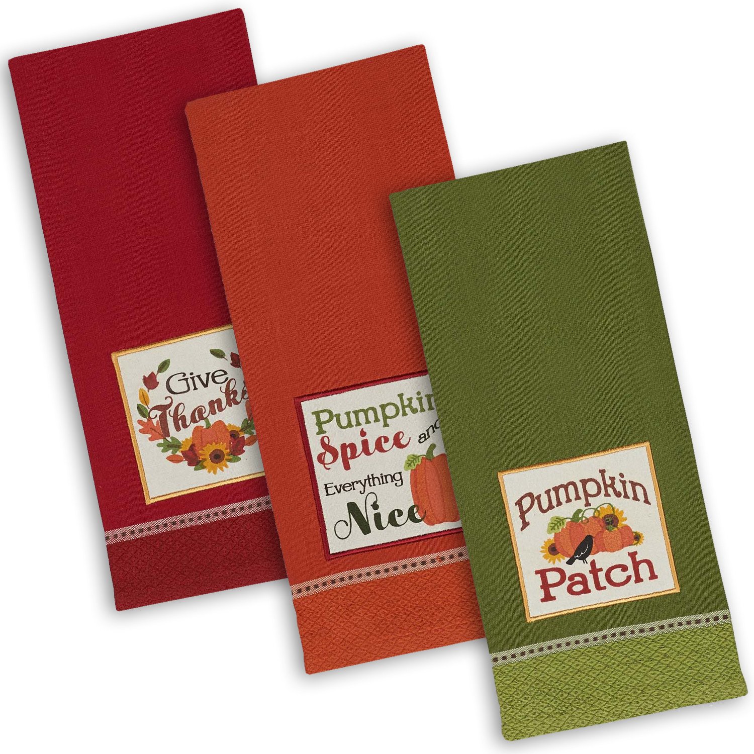 DII Thanksgiving Fall Kitchen Towels Collection Decorative Embellished Dish Towel Set, 18x28, Country Pumpkin, 3 Count