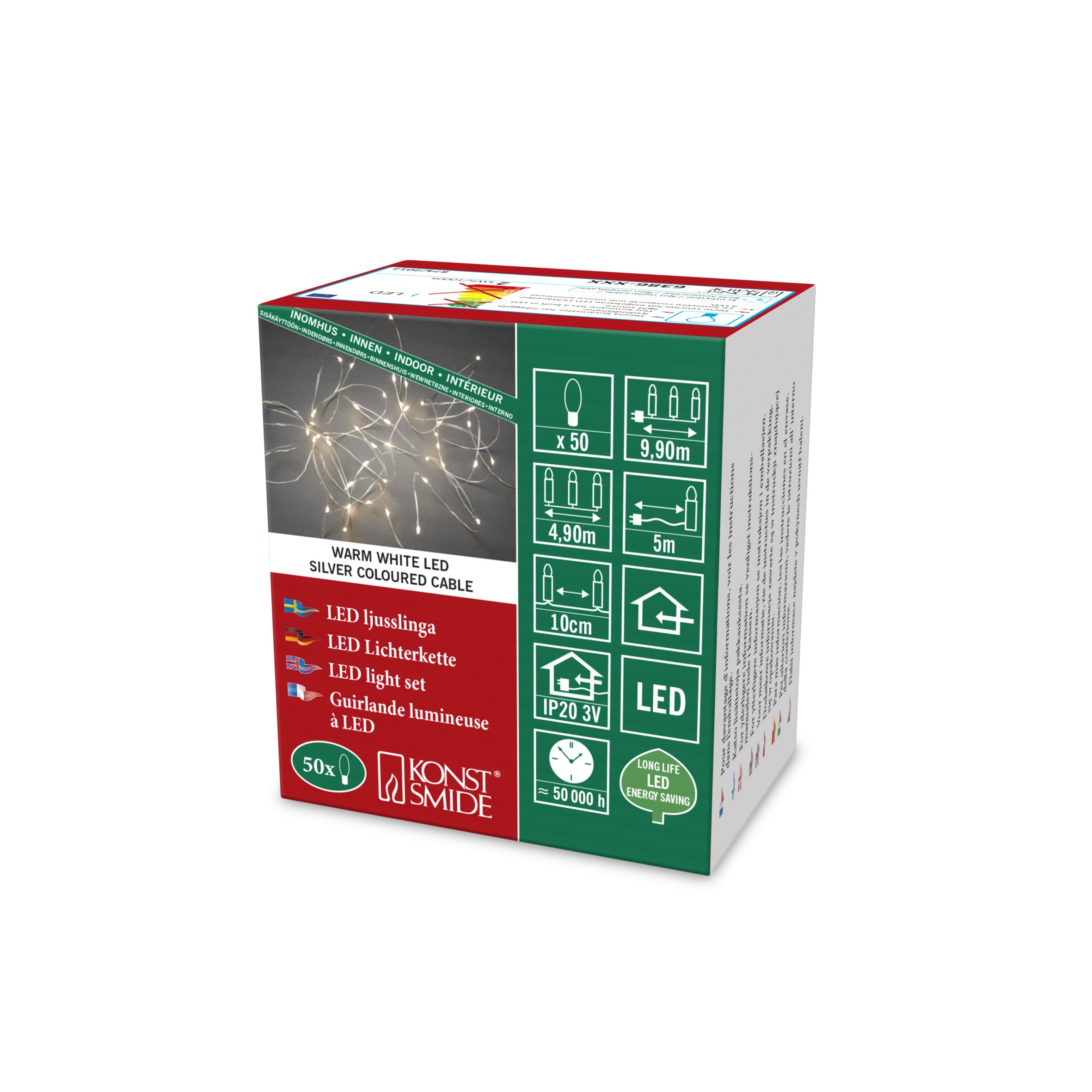 Konstsmide Christmas Lights Indoors LED Naked Wire/Pin Wire Light Chain/Indoor Use (IP20)/50 Warm White Diodes/3V Indoor Transformer/Silver Wire String Lights