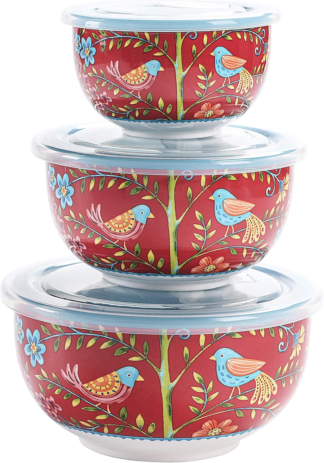 Bico Red Spring Bird Ceramic Bowl with Air Tight Lid Set of 3(27oz, 18oz, 9oz each), Prep bowls, Food Storage Bowl for Salad, Snacks, Fruits, Microwave and Dishwasher Safe