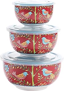 Bico Red Spring Bird Ceramic Bowl with Air Tight Lid Set of 3(27oz, 18oz, 9oz each), Prep bowls, Food Storage Bowl for Salad, Snacks, Fruits, Microwave and Dishwasher Safe