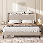 King Linen Multifunctional Bed with Charging Station &amp; Storage Headboard | Upholstered Platform Bed Frame with Wingback, Noise Free, No Box Spring Needed, Easy Assembly, Beige