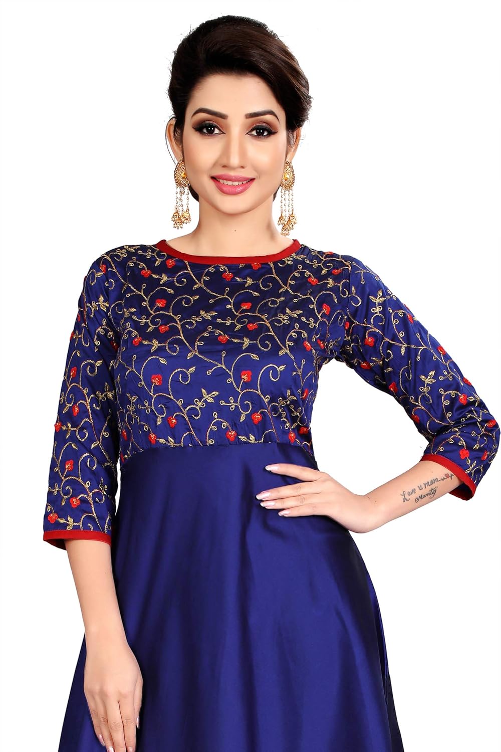 spangel fashion blue silk embroderied design women's anarkali gown dress