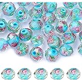 WEWAYSMILE 60 PCS Colorful Floral Lampwork Beads 10mm Gold Sand Faceted Glass Round Loose Beads for DIY Bracelet Necklace Earring Jewelry Making Supplies (Deep Sky Blue)