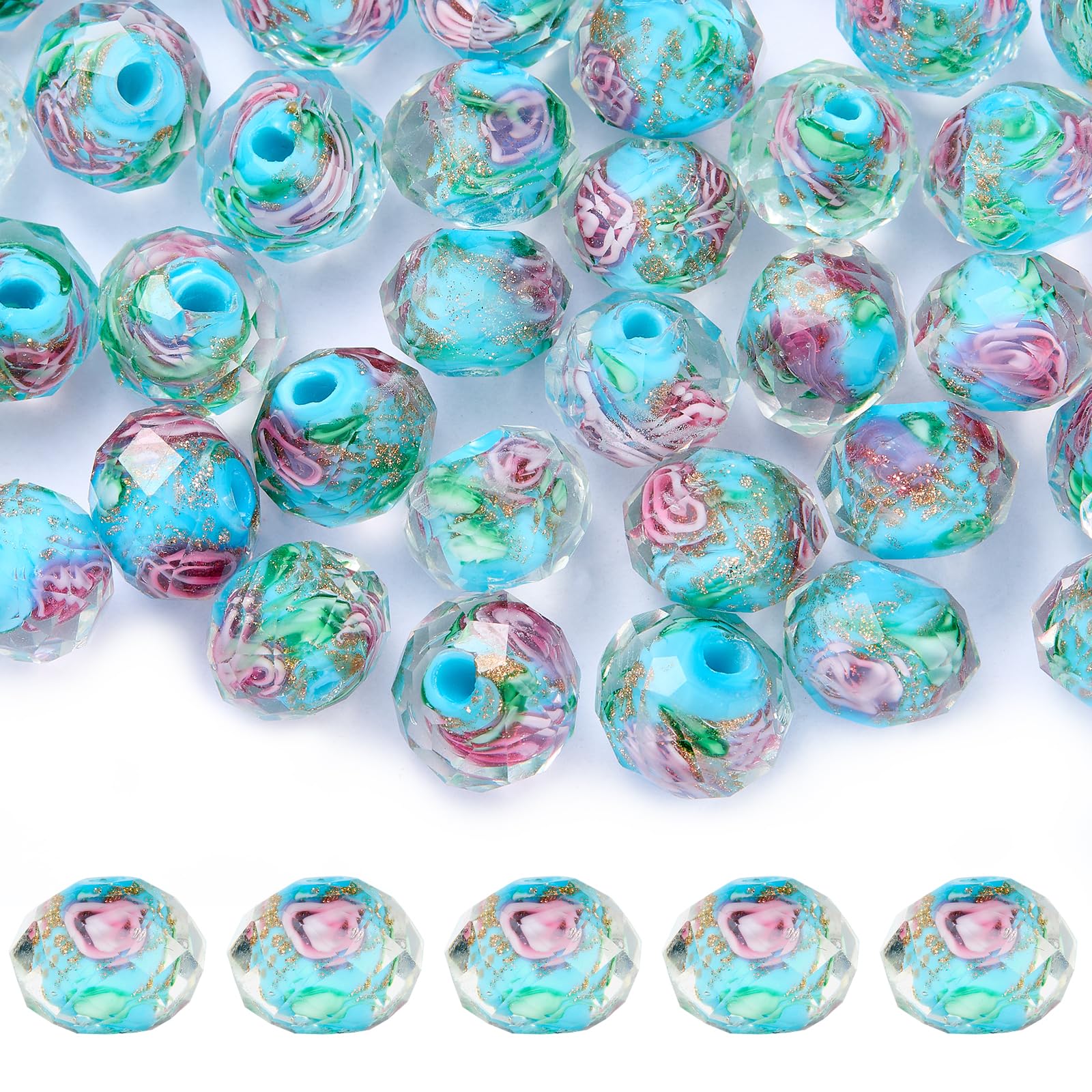 WEWAYSMILE 60 pcs 10mm Crackle Lampwork Glass Beads, Glass Lampwork Flower Beads Jewelry Making, Gold Sand Faceted Glass Beads, for Jewelry Making and Necklace Bracelets Diy, 9~10x7~8mm