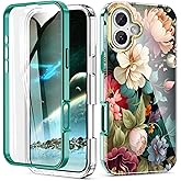 Turquiase Cute Flower Case for iPhone 16 Plus 6.7 inch Built with Screen Protector, Lightweight and Stylish Full Body Shockproof Protective Rugged TPU Case for Women/Girls