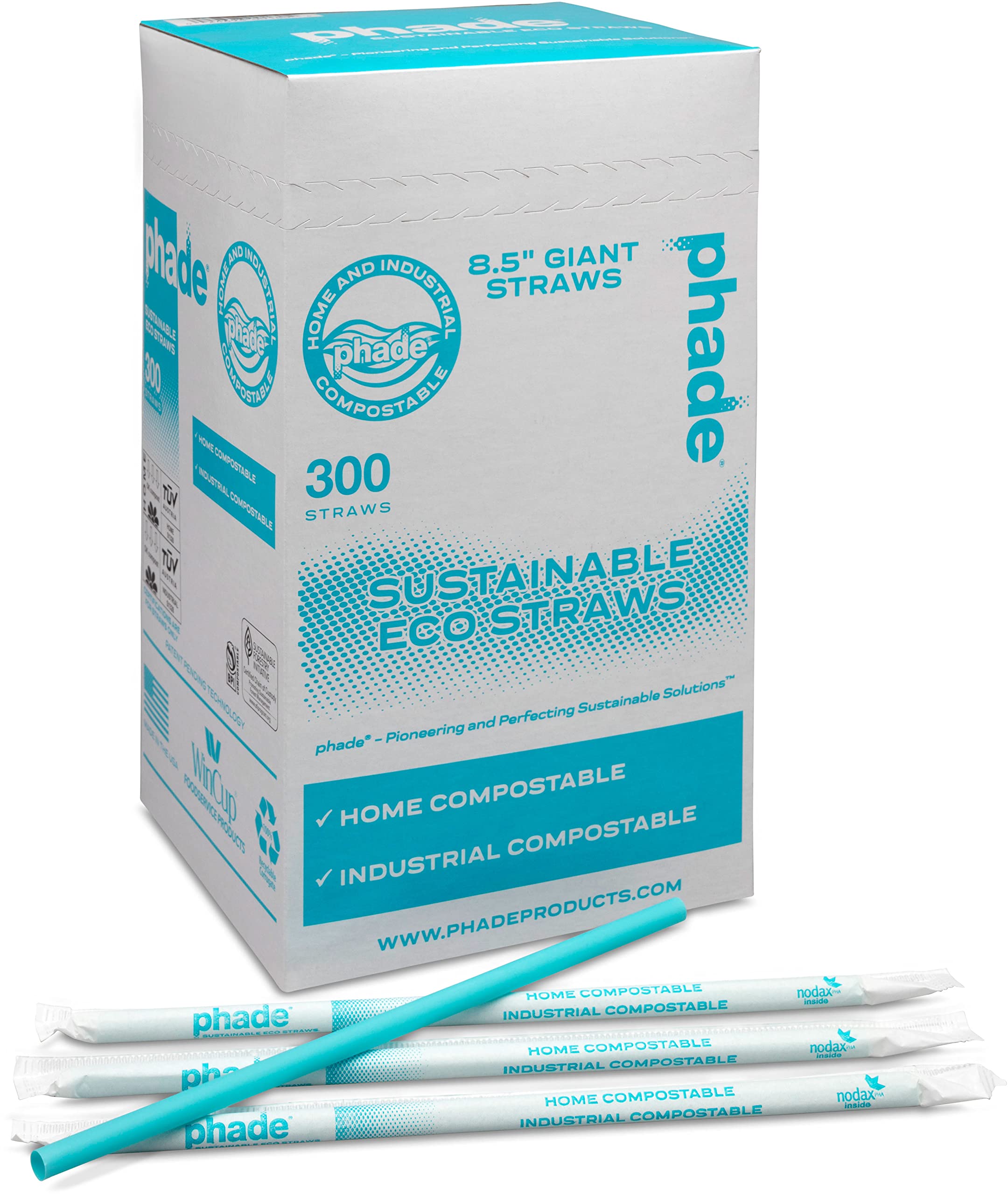 phade Eco-Friendly 8.5" Giant Drinking Straws 300 Count - Sustainable Marine Biodegradable Compostable Individually Wrapped, 1 Pack