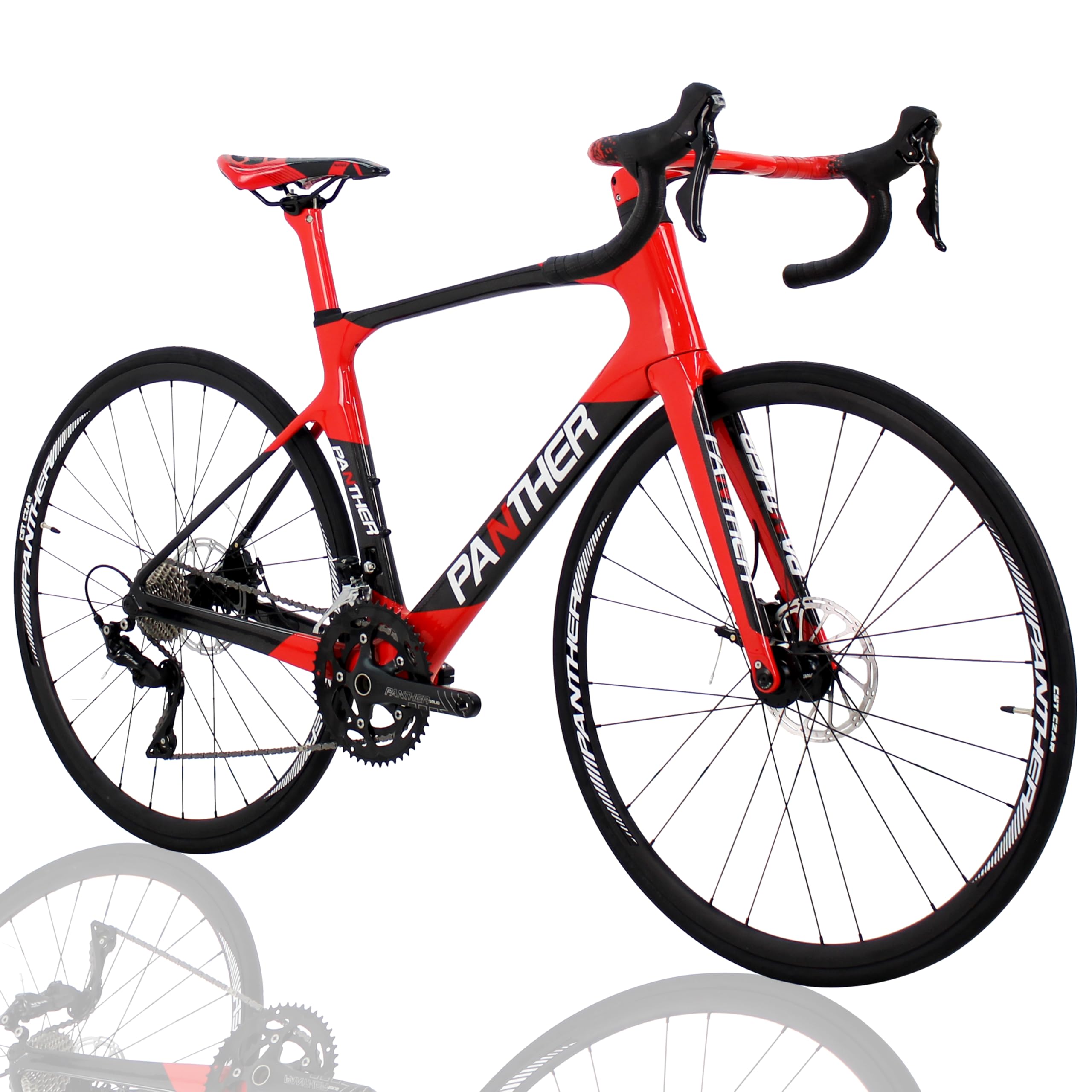 PANTHER (パンサー) ロードバイク HERMESシリーズ STIデュアルコントロールレバー シマノSHIMANO 105搭載 22段変速 軽量3Kフルカーボンフレーム 700Cレーシング軽量タイヤ スルーアクスル方式 油圧ワイヤー式ディスクブレーキ 内蔵ケーブルドロップハンドル エンデュランスロードモデ（(L) 46CM, SN Red 完成車 22速)商品画像