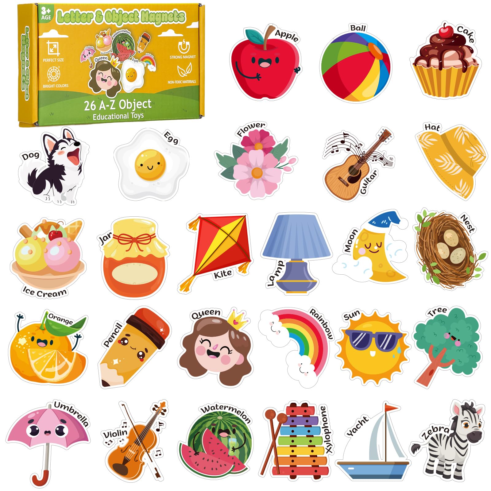 Thboxes 26 A-Z Objects Fridge Magnets for Toddlers,Large Size Colorful Refrigerator Magnets Magnetic Toys Cute Kids Learning Toys Preschool Educational Gifts for Kids Toddlers 3-5