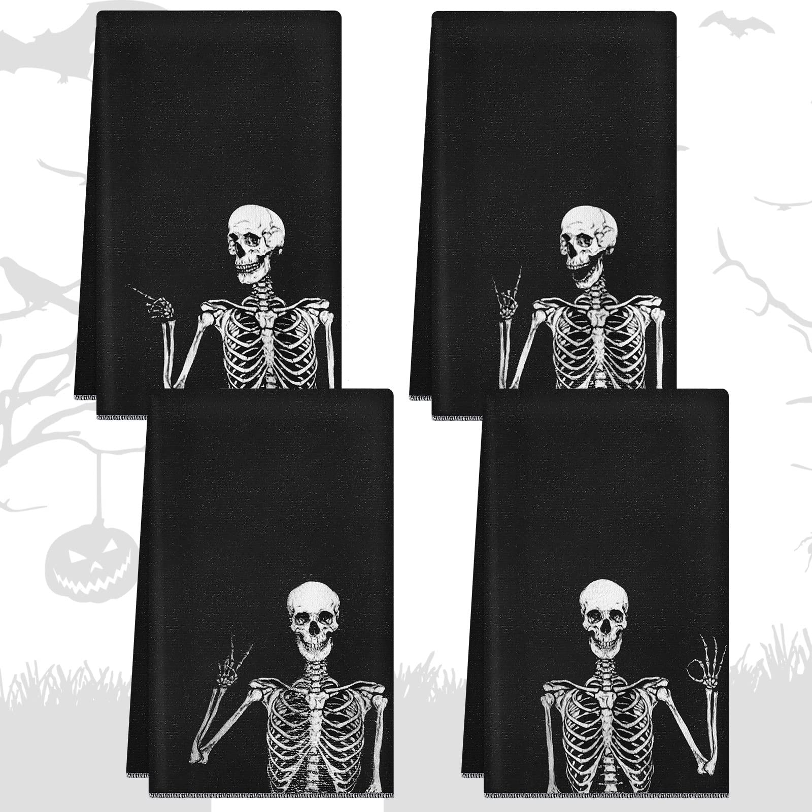 Photo 1 of Kinlop 4 Pcs Halloween Skeleton Kitchen Dish Towels Skull Hand Towels Rock and Roll Gothic Witchy Hippie Halloween Absorbent Drying Washcloth Decor Gift for Bathroom Coffee Tea Bar 24 x 16''