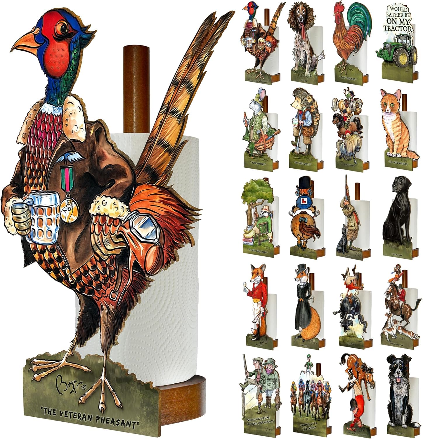 Looprints Fun Toilet Roll Storage & Kitchen Towel Holder Wooden Stand | Country Kitchen & Bathroom Decor & Accessories | Bryn Parry Pheasant. A Great Decor & Gift Idea For Shooting Season Enthusiasts, — image 1