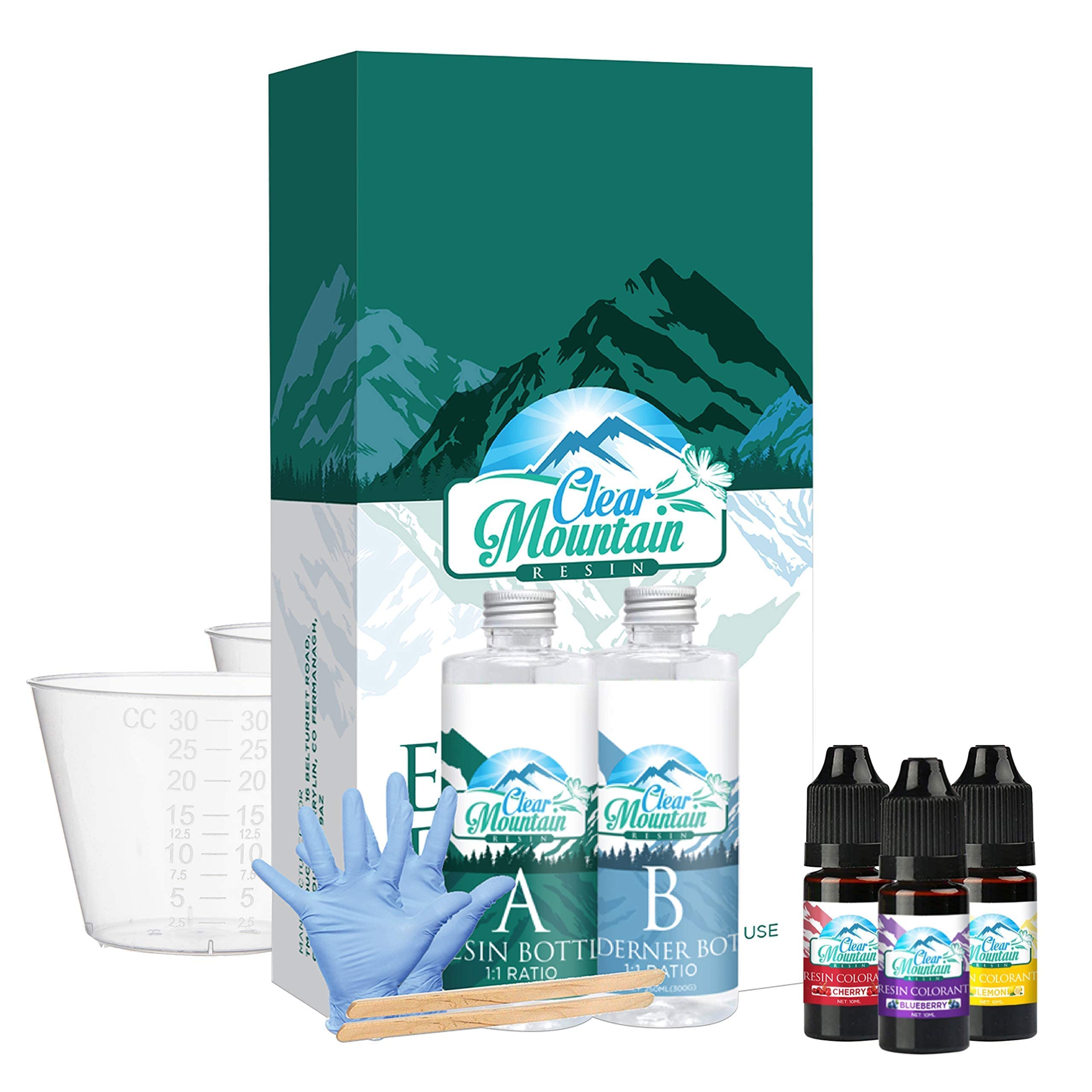 Clear Mountain Epoxy Resin Kit 500ml/16oz| (560g) with 3 Ink Colourants, Mixing Sticks, Gloves, and Cups for Art and Crafts, Table Tops, Home Decor, and Jewelry Making, Self-Leveling and Degassing