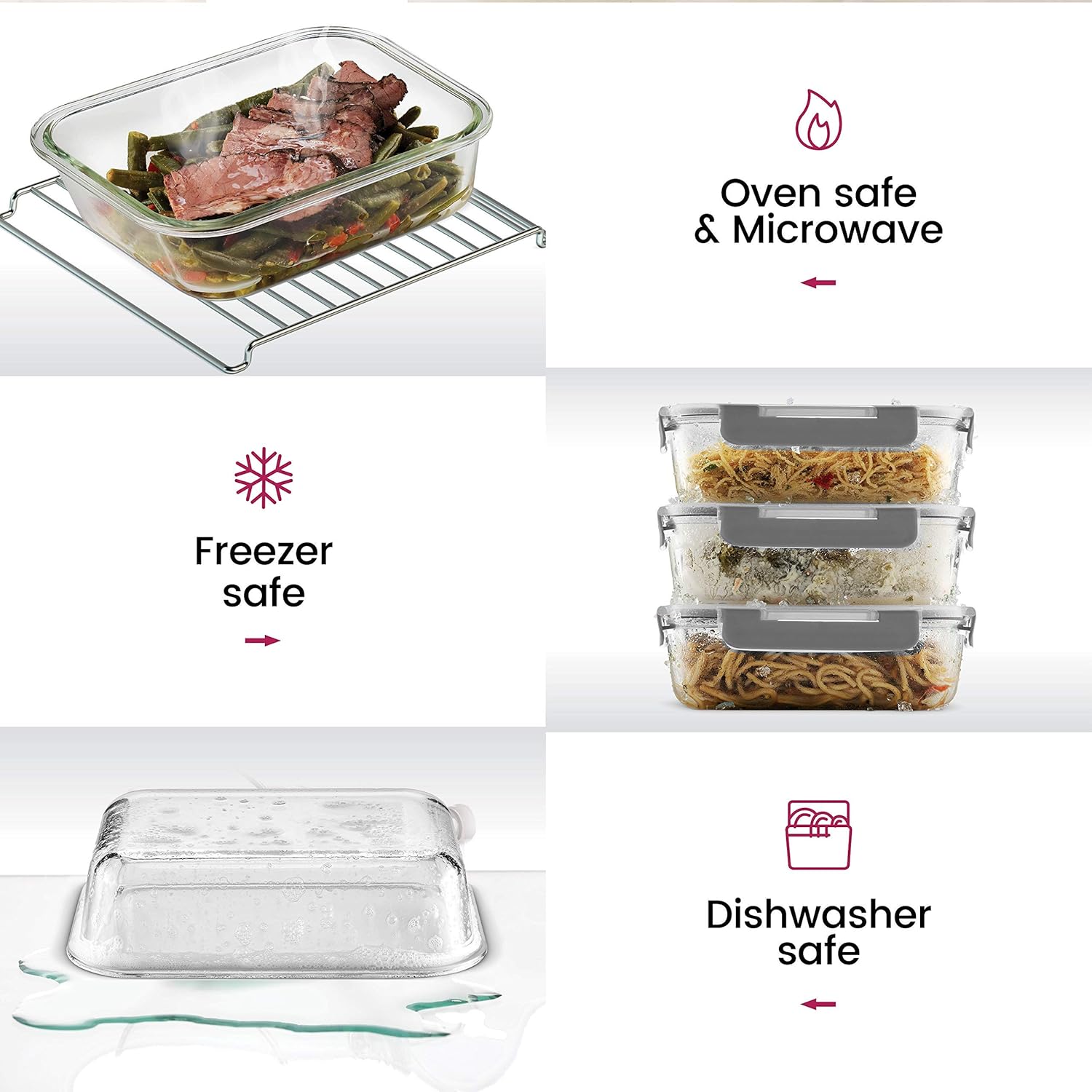 24-Piece Superior Glass Food Storage Containers Set - Newly Innovated Hinged BPA-free Locking lids - 100% Leakproof Glass Meal-Prep Containers, Great On-the-Go & Freezer-to-Oven-Safe Food Containers: Kitchen & Dining