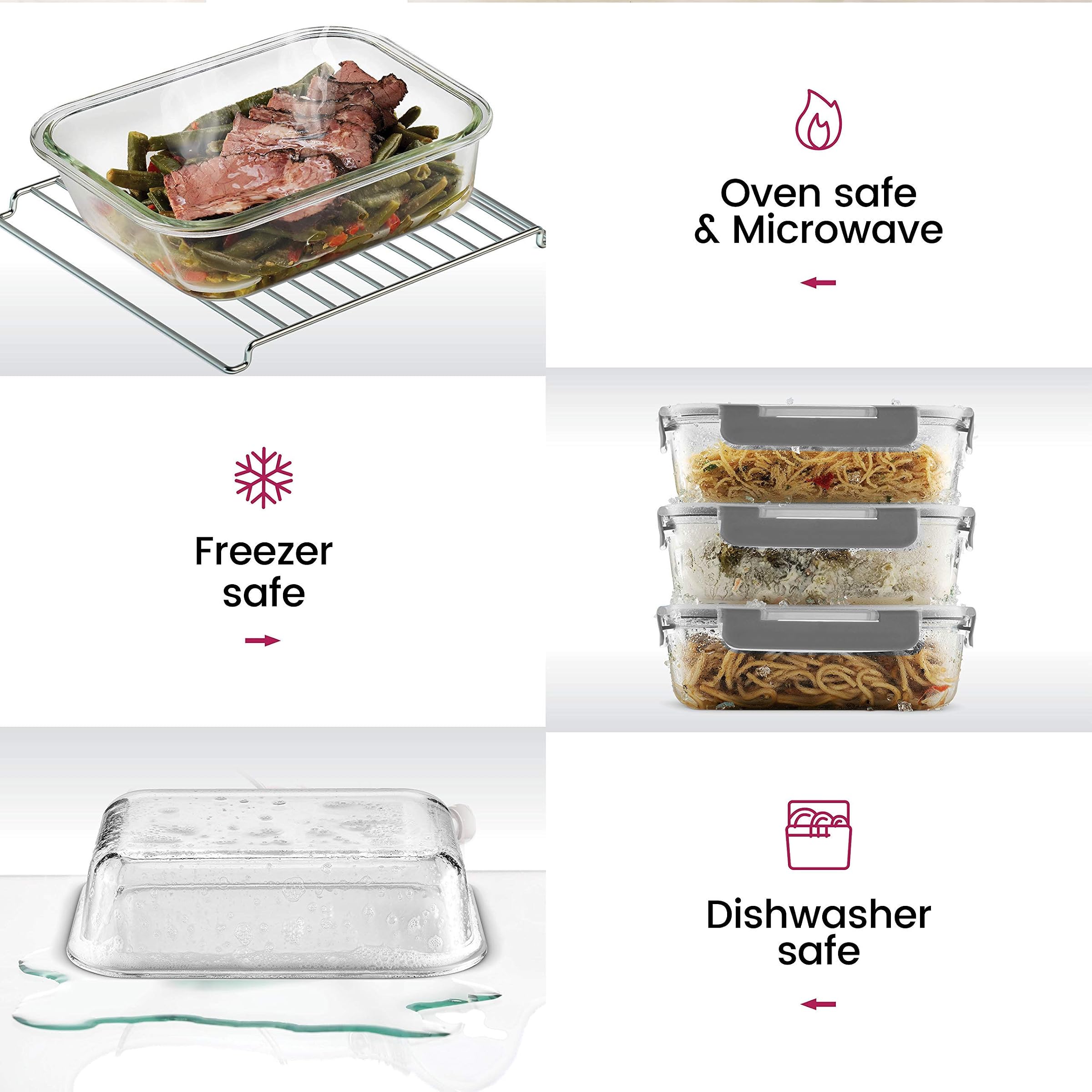 Glass Food Storage Containers Set, BPA Free Hinged Locking Lids, 100% Leak Proof Glass Meal Prep Containers, Perfect For On The Go Or Freezer, Oven Safe Food Containers