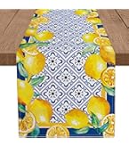 Summer Lemon Table Runner - 13x72 Inch, Waterproof Polyester, Blue Flowers & Leaves Design