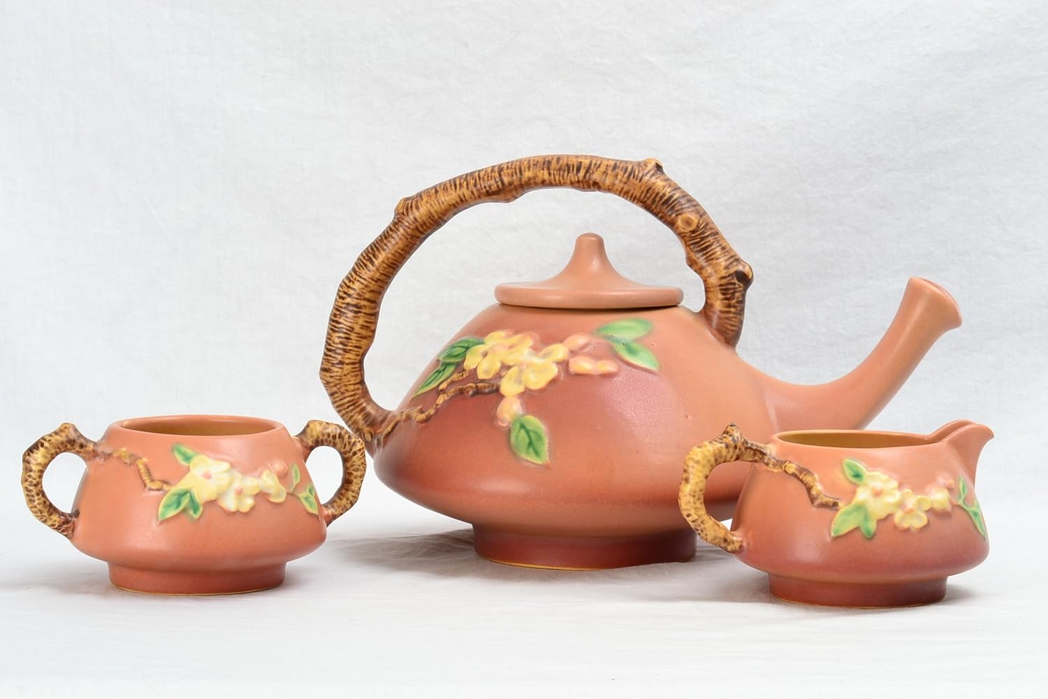Roseville Pottery 1948 Apple Blossom Tea Set (Shape 371) Pink Coral