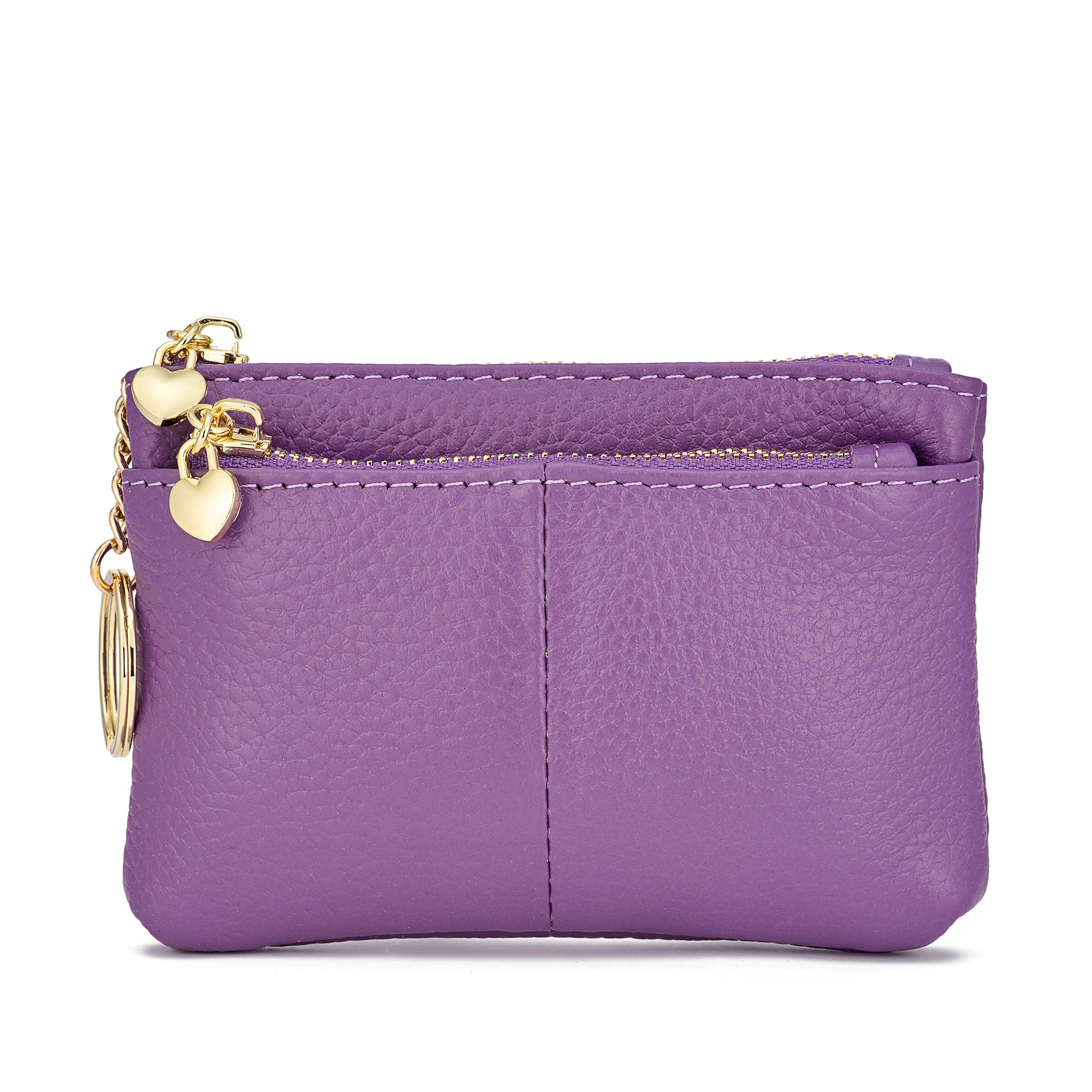 Women Genuine Leather Zip Mini Coin Purse with Key Ring Triple Zipper Card Holder Wallet (Lavender)