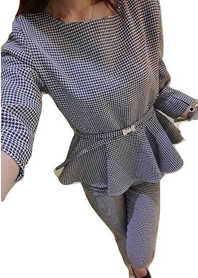 Amazon Ein 3点セット ベルト付き 千鳥柄 パンツスーツセット スーツ シャツ ブラウス パンツ ミモレ丈 スーツセット 長袖 9分丈 ウエストマーク スタイルアップ フォーマルスーツ パンツスーツ レディース レディースフォーマル Mサイズ ワンピース