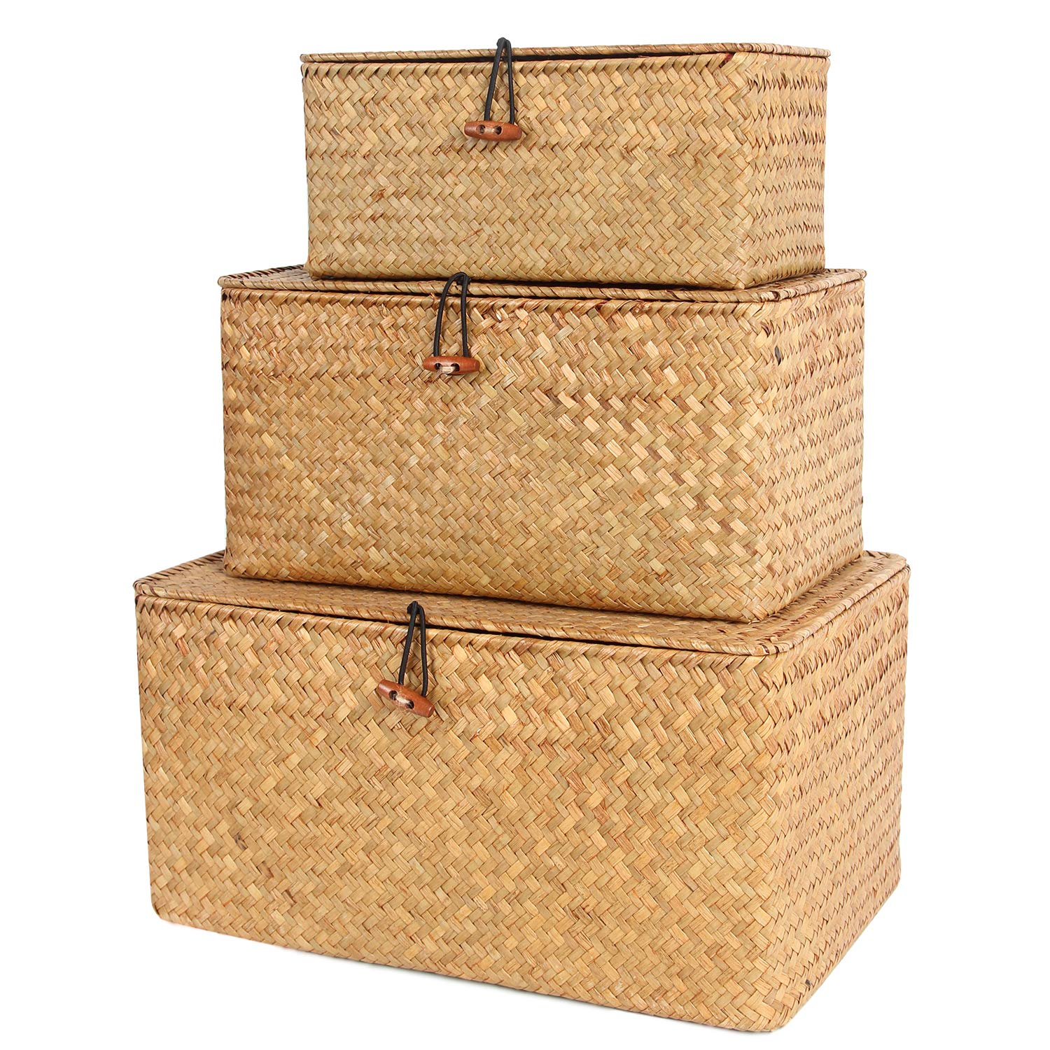 FEILANDUO Wicker Storage Baskets with Lids Seagrass Woven Baskets for Shelves Stackable Storage Boxes for Organizing Rattan Bins (Natural, Large Set of 3(L/M/S))