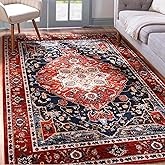YJ.GWL Area Rug for Living Room, 4x6 Machine Washable Boho Rug for Bedroom, Low Pile Lightweight Thin Rugs Floral Vintage Distress Print Pattern Carpet for Dining Room, Red