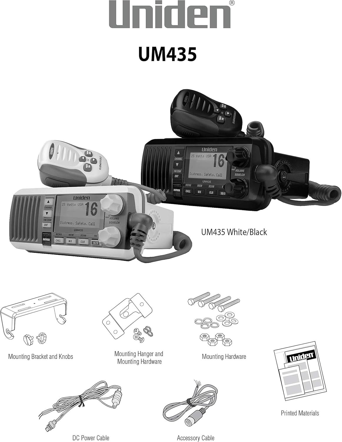 Uniden UM435 Advanced Fixed Mount VHF Marine Radio, All USA/International/Canadian Marine Channels Including New 4-Digit, CDN “B” Channels, 1 Watt/25 Watt Power, Waterproof IPX8 Submersible, White