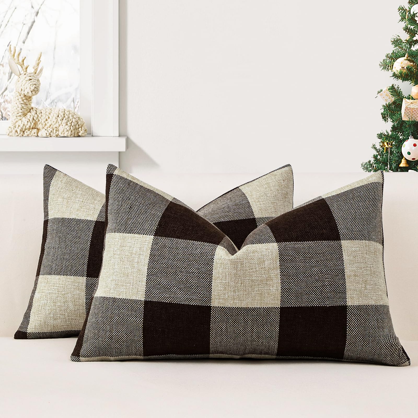 JOTOM Set of 2 Classic Plaids Cushion Covers 30x50 cm Farmhouse Buffalo Check Soft solid Decorative Throw Pillow Covers Home Decor Outdoor Cushion Case for Sofa Bedroom (Brown)