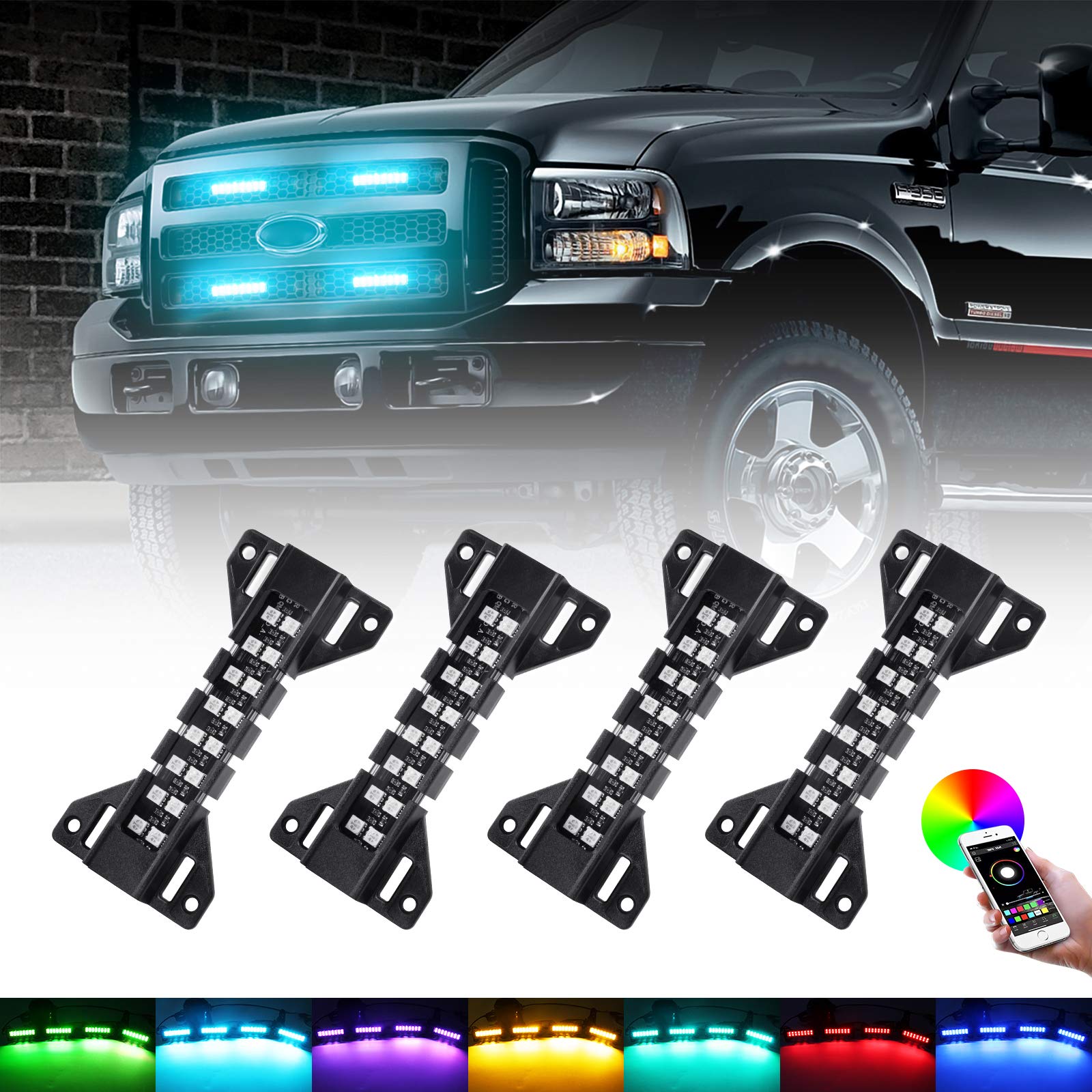 Photo 1 of ***MISSING TWO*** OPP ULITE LED Grille Lights for Trucks - RGB Color - 4 Pods Front Grill Light - Smartphone APP Control/Music/Timing/Flashing Strobe Modes for Ram F150 F250 F350 F450 F550 Tacoma Truck