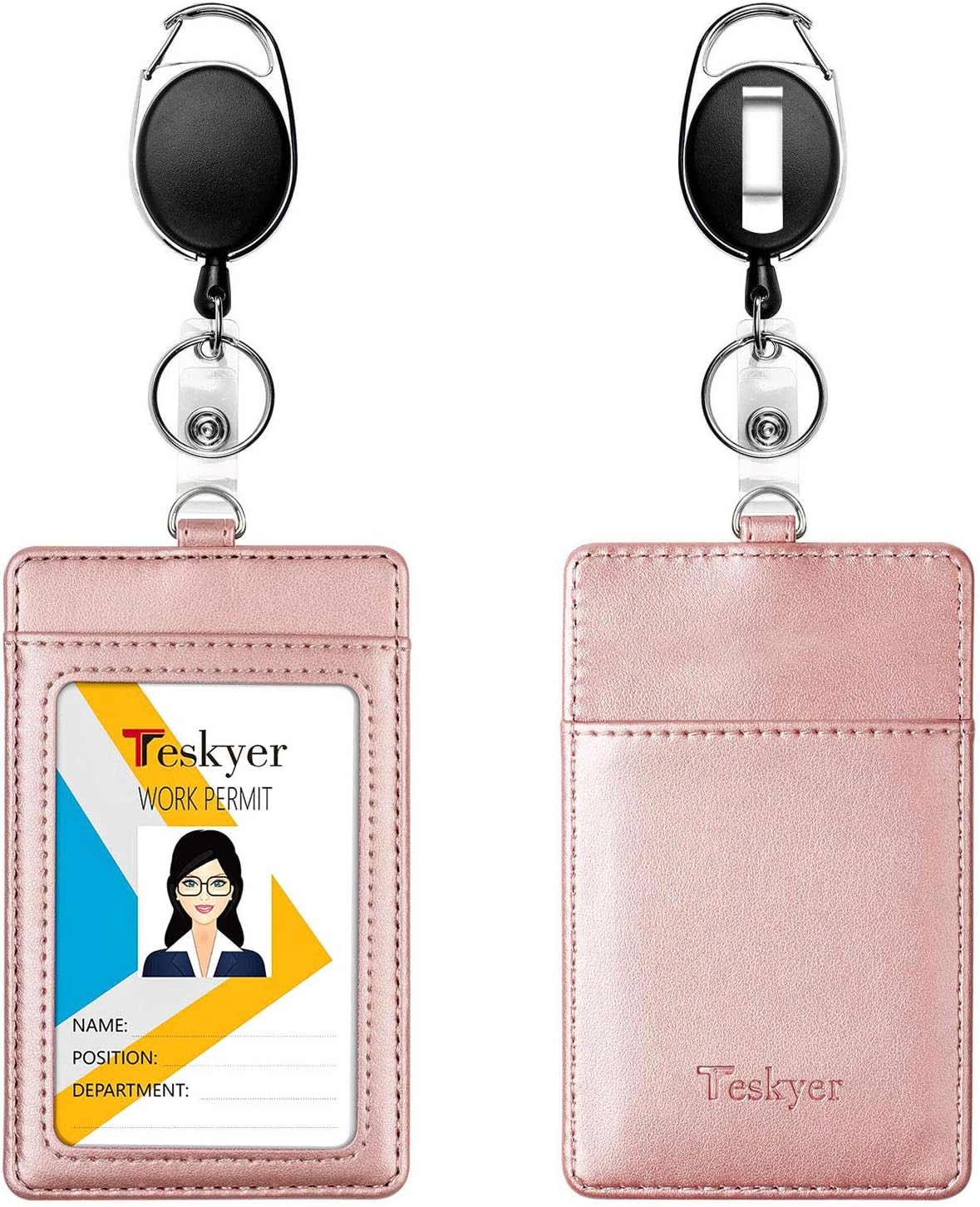 Teskyer 2 Value Pack Leather Badge Holders and Heavy Duty Retractable Badge Reels Set, Vertical Premium ID Card Holders with 2 Card Slots, 24 inch Kevlar Cord with Carabiner Reel Clip : Office Products