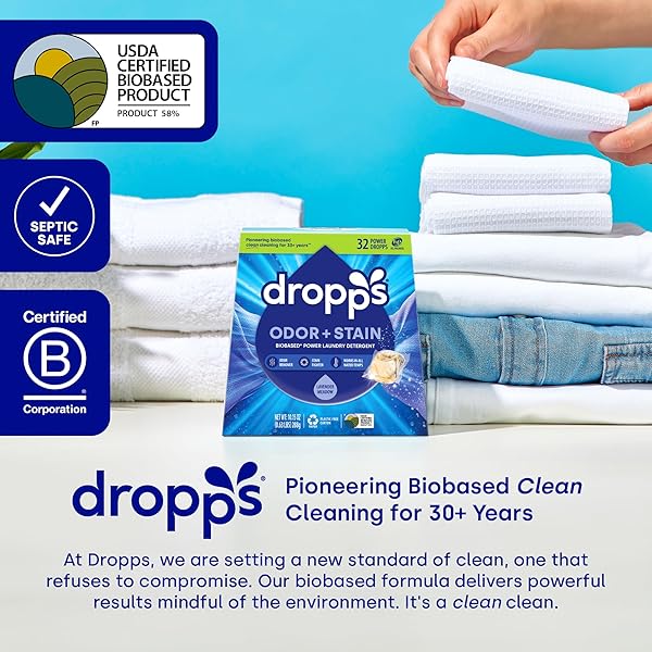 DROPPS ODOR & STAIN BIOBASED POWER LAUNDRY DETERGENT PODS, CRISP BREEZE HE COMPATIBLE LAUNDRY PODS FOR FRESH CLOTHES – LAUNDRY SOAP SUPPLIES & RECYCLABLE PAPERBOARD PACKAGING