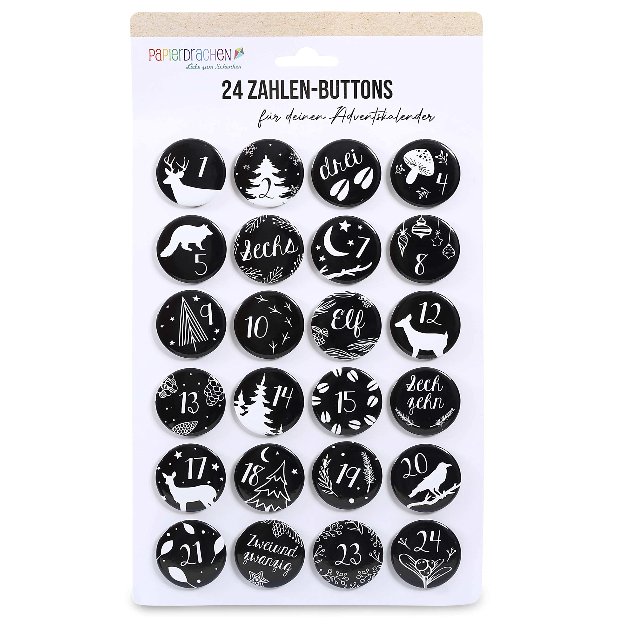 Papierdrachen Advent Calendar 2025 - Number Buttons 35 mm (Pack of 24) in Black and White - Lapel Pins for Decorating Fabric Bags & Bags