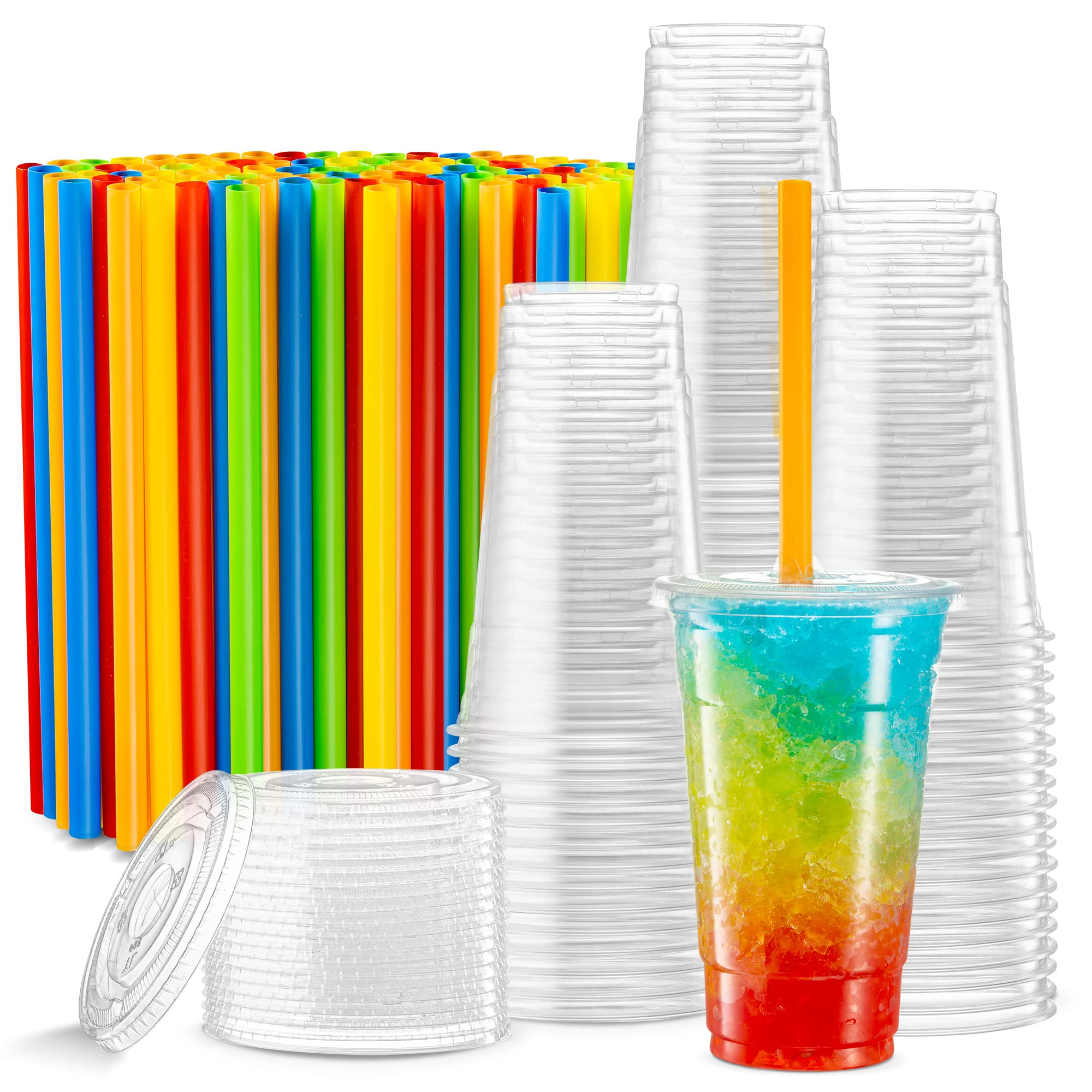 ELEGANT DISPOSABLES [40 Sets - 24 Oz] Crystal Clear PET Plastic Cups With Flat lids & Straws for Iced Coffee, Cold Drinks, Milkshake, Slush Cup, Smoothy's, Slurpee, Party's, Plastic Disposable Cups