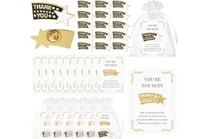 30 Sets Employee of The Month Lapel Pins Awards Gifts Star Performer Pin Funny Appreciation Cards Thank You Organza Bags Bulk