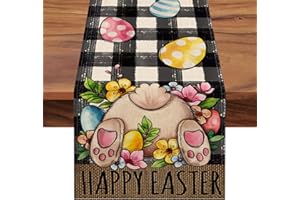 Seliem Happy Easter Bunny Rabbit Table Runner, Eggs Black Buffalo Plaid Check Kitchen Dining Table Decor, Flowers Spring Burlap Home Decoration Indoor Outdoor Holiday Party Supply 13 x 72 Inches