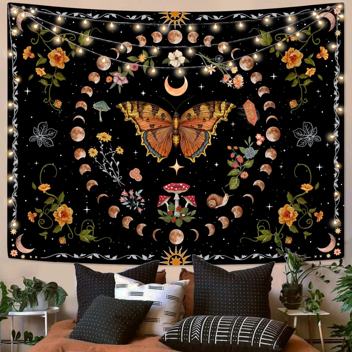 Tapestries - Aipon Orange Butterfly Moon Flower Tapestry Botanical Floral Plant Boho Tapestry for Bedroom Aesthetic Vintage Tapestries Wall Hanging for Living Room Dorm (60.00'' × 80.00'', Orange)