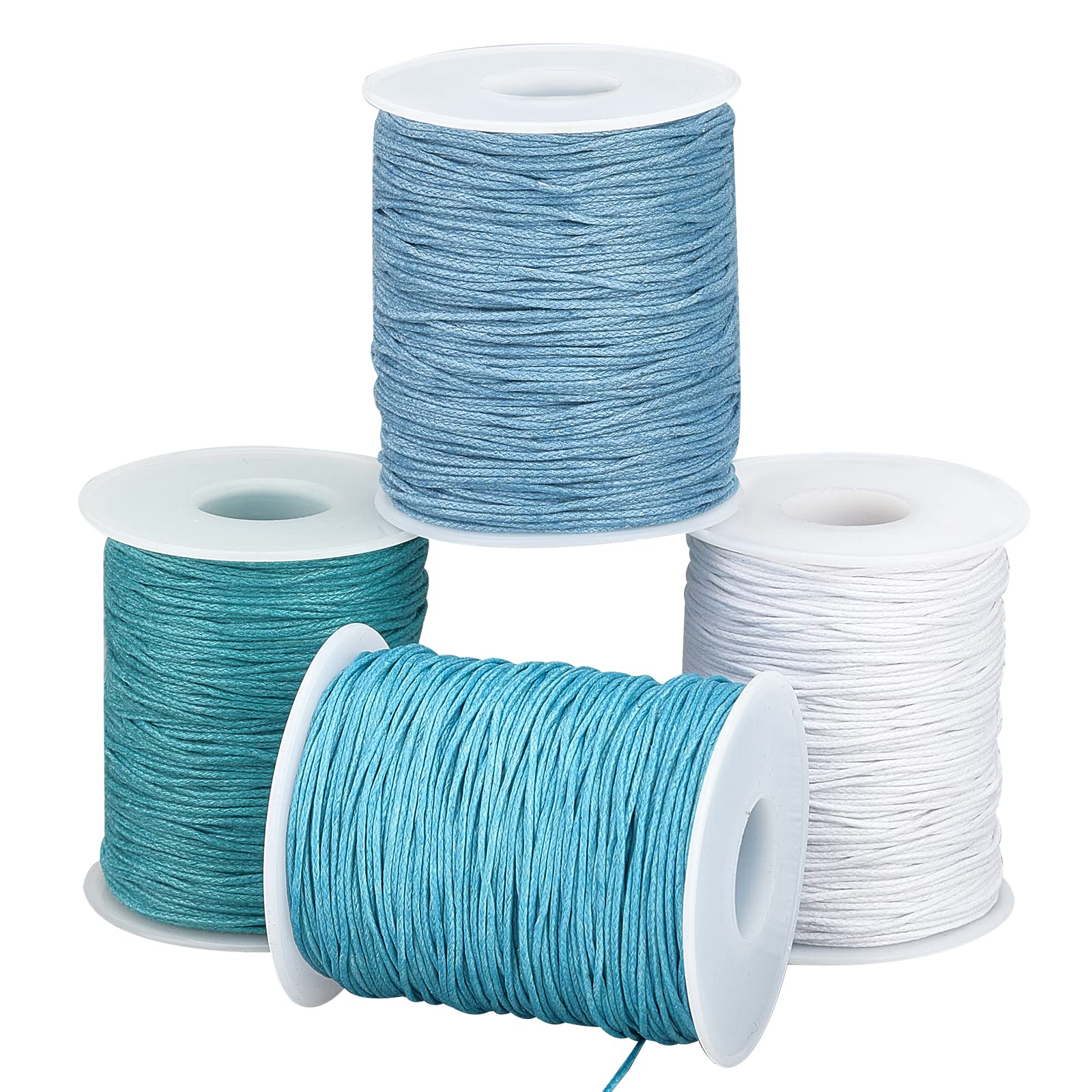 PH PandaHall 400 Yards 1mm Waxed Cotton Cord Thread, Blue Series Braided Jewelry Cord String 4 Colors Round Beading Thread with Spool for Summer Bohemian Wave Bracelet Necklace Macrame Crafts Making