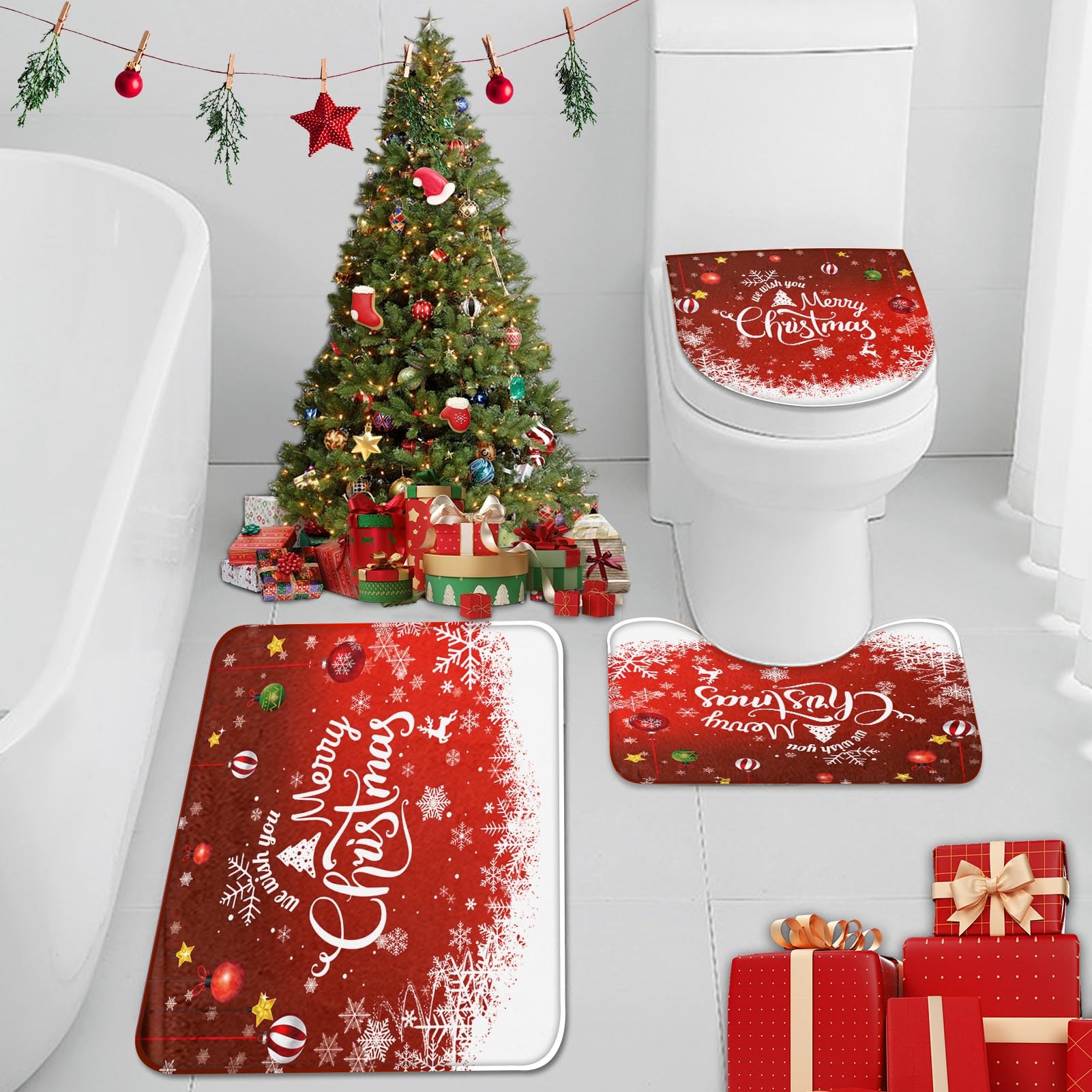 Photo 1 of *Wash please* Britimes Merry Christmas Bathroom Rug and Mat Set 3 Piece, Red Snowflakes Deer Winter Snow Bathroom Rugs Non Slip, Absorbent Microfiber Memory Foam Bath Mat Machine Washable