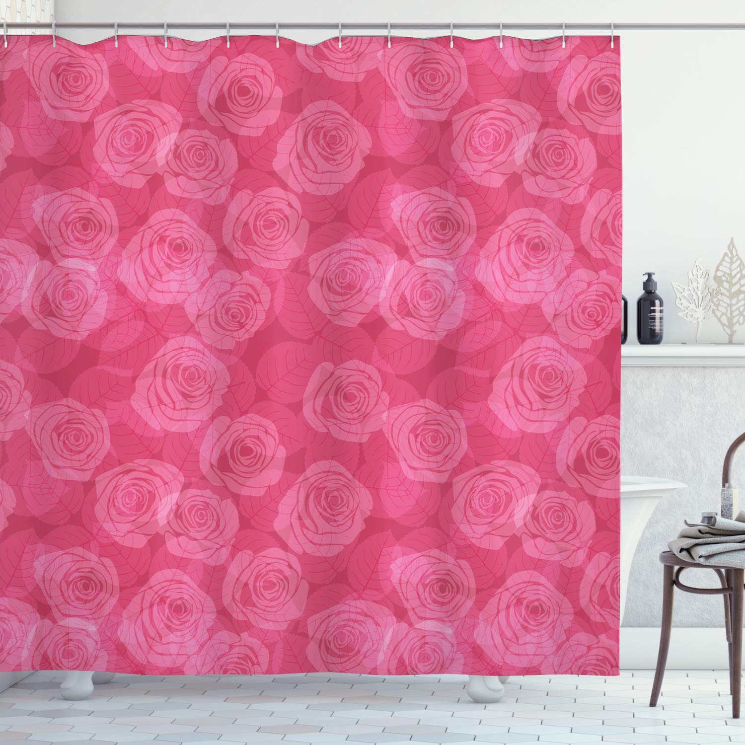 ABAKUHAUS Rose Shower Curtain, Shades of Pink with Gentle Seasonal Flora Romance Love Theme Valentine's Day Inspired Design, Fabric Bathroom Decor Set with Hooks, 78" Inches, Pink