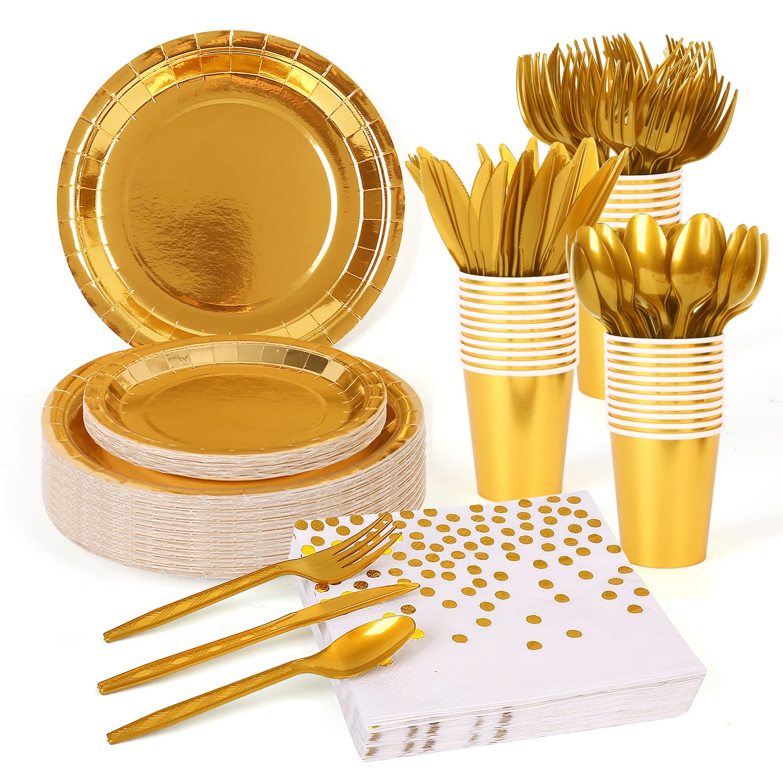 Photo 1 of 175 Pieces Gold Disposable Party Dinnerware Set Disposable Party Dinnerware - Gold Paper Plates Napkins Cups, Gold Plastic Forks Knives Spoons (25 Guests,175 Pieces)