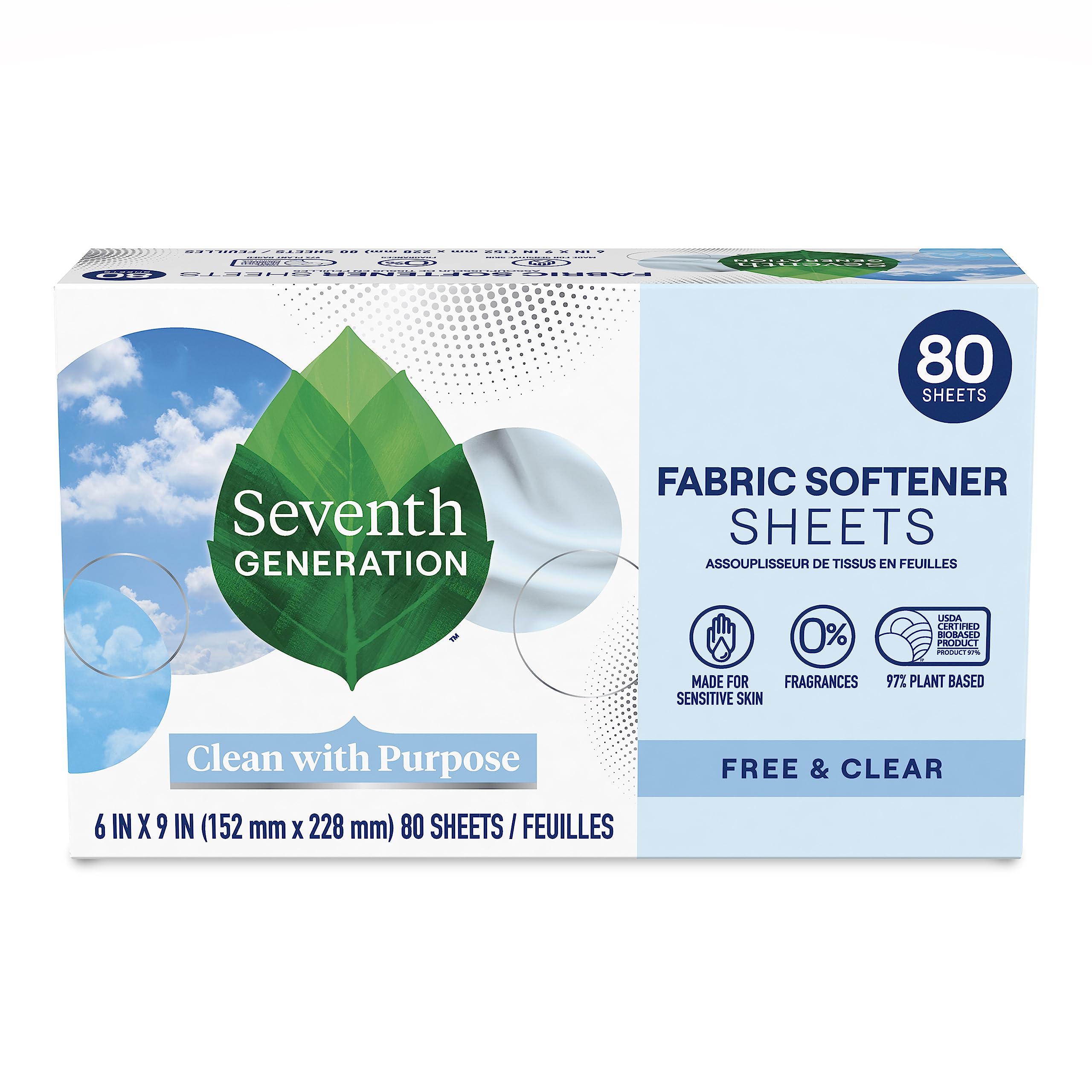 Photo 1 of Seventh Generation Dryer Sheets Laundry Fabric Softener, Free & Clear Made for Sensitive Skin, 80 Sheets