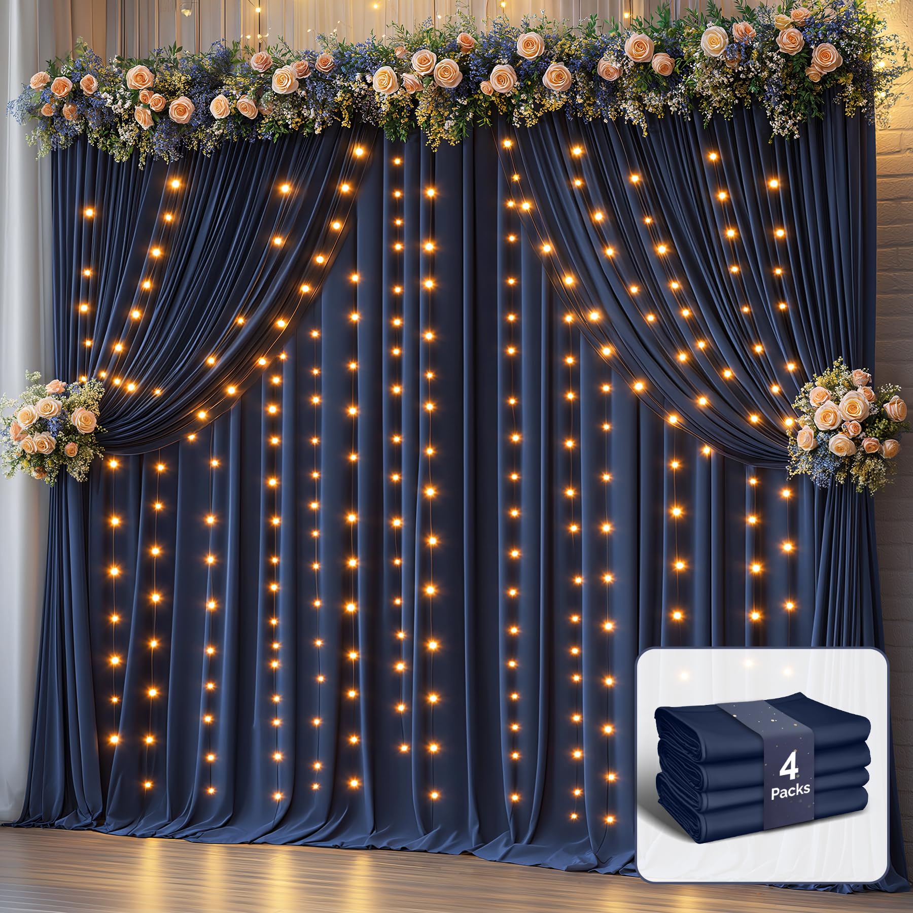 Photo 1 of 20 x 10ft Navy Blue Backdrop Curtains with Lights String Wrinkle Free Polyester Photo Backdrop Drapes Soft Fabric Curtains for Graduation Birthday Parties Wedding Shower Reception Events-5 x 10ft x 4P